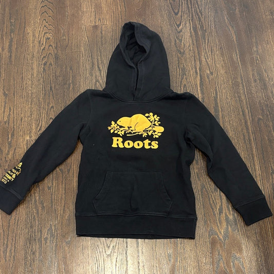 Roots Kids Hoodie in Black with Yellow Logo Size Large