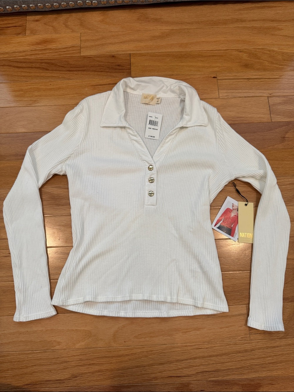 NWT Nation White Ribbed Long-Sleeve Polo Henley Top Women’s Medium