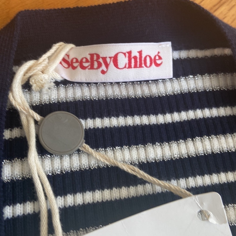 NWT Women’s SeeByChloe cardigan. Blue/white/silver. Size 42