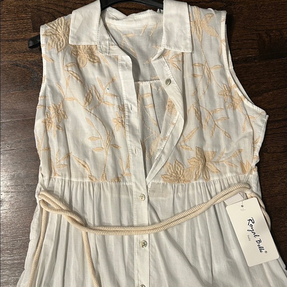 Royal Belle Women’s White and Tan Sleeveless Button-Down Dress One Size