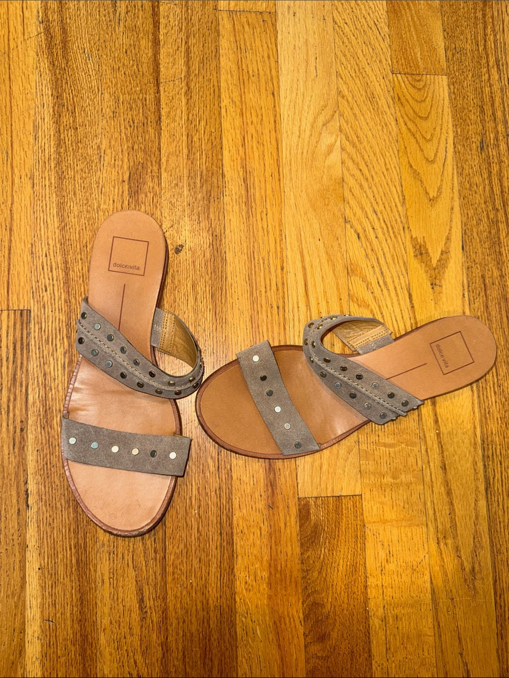 Dolce Vita Taupe Gray Studded Double-Strap Slide Sandals Women’s 9.5