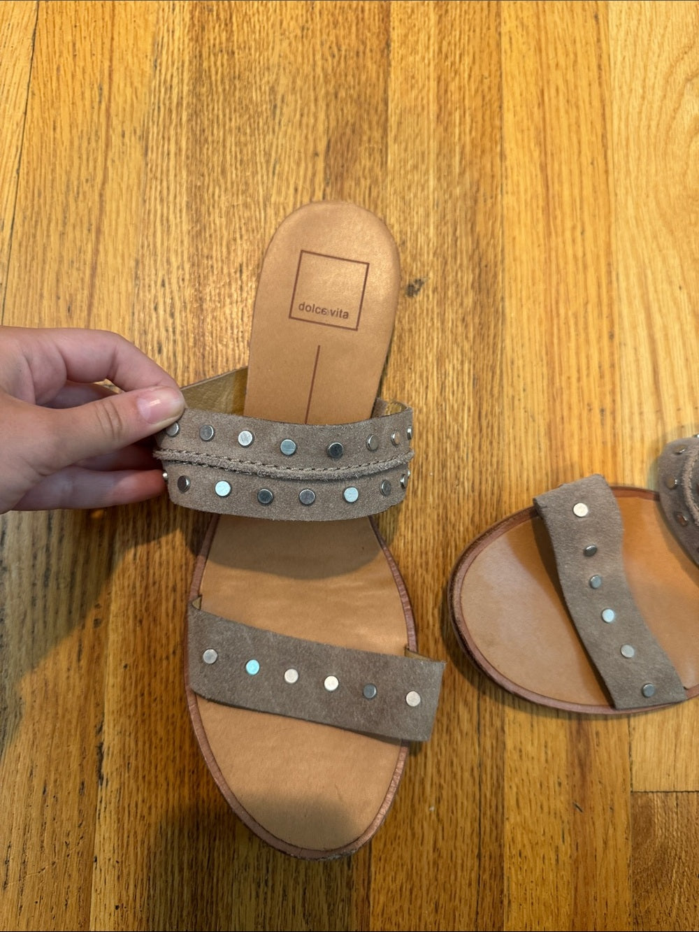 Dolce Vita Taupe Gray Studded Double-Strap Slide Sandals Women’s 9.5