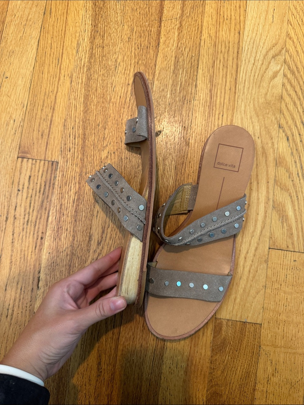 Dolce Vita Taupe Gray Studded Double-Strap Slide Sandals Women’s 9.5