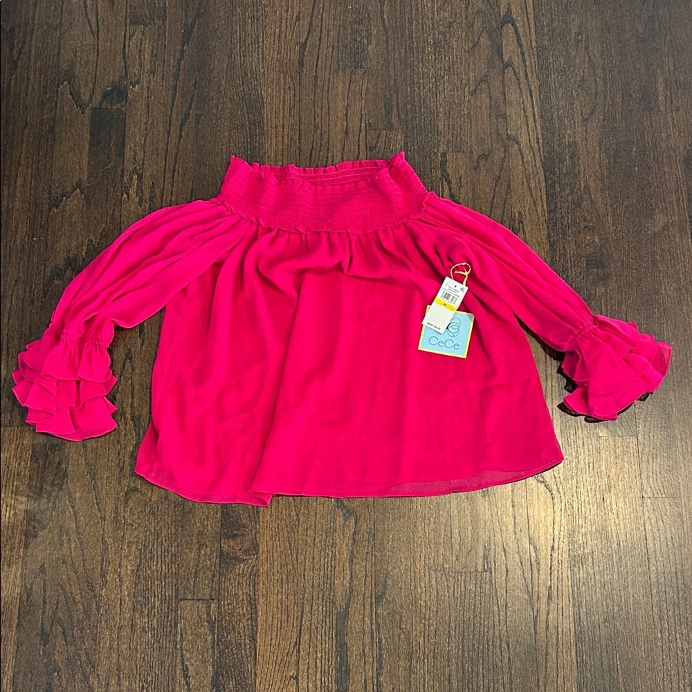 NWT CeCe Women’s Fuchsia Ruffle Sleeve Off the Shoulder Blouse Size Medium