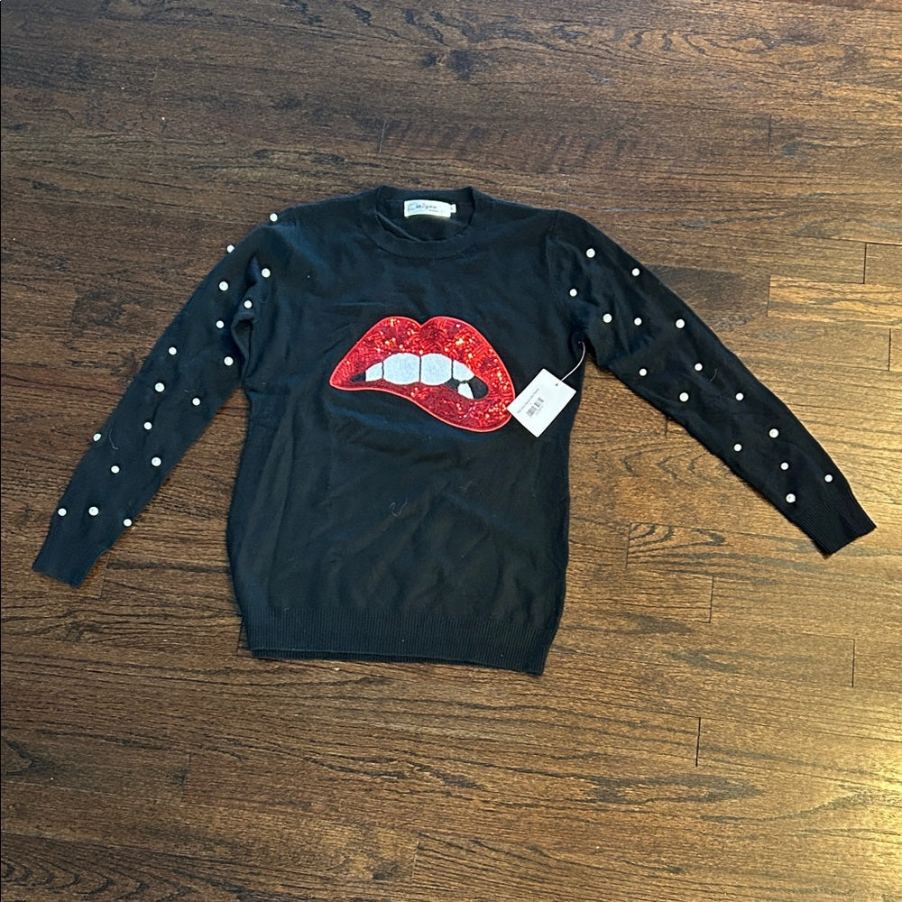 NWT In2You Women’s Black Sweater with Red Lips Design and Pearls Size Small