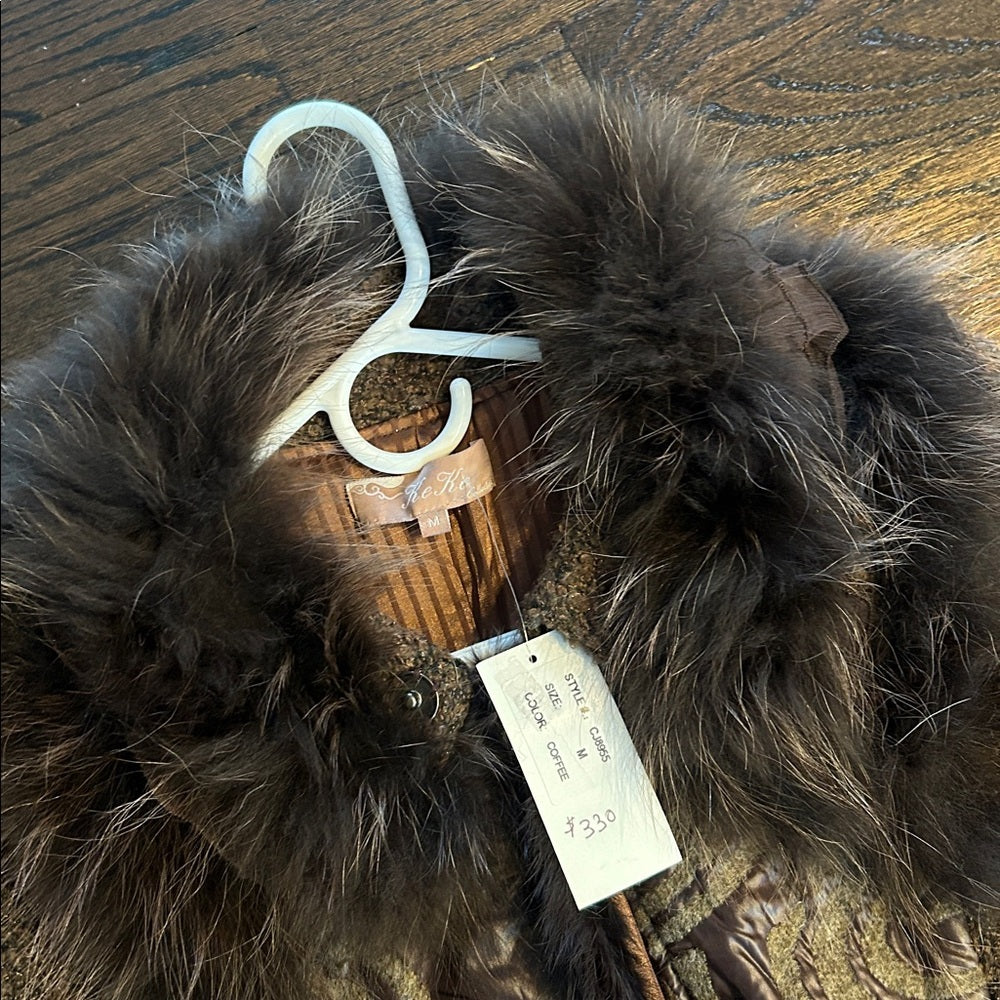 NWT ReRe Women’s Elegant Brown Faux Fur Trimmed Coat Size Medium