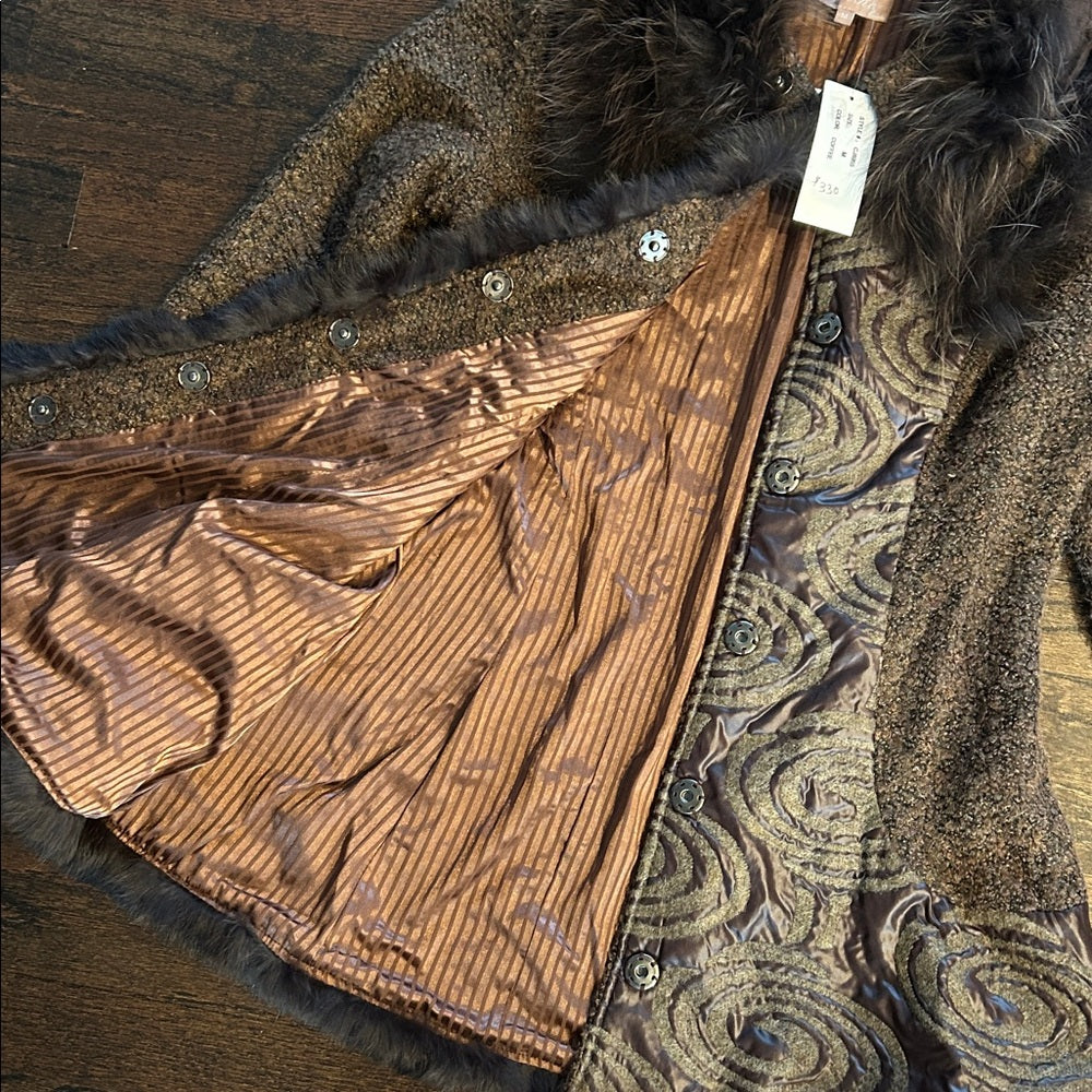 NWT ReRe Women’s Elegant Brown Faux Fur Trimmed Coat Size Medium