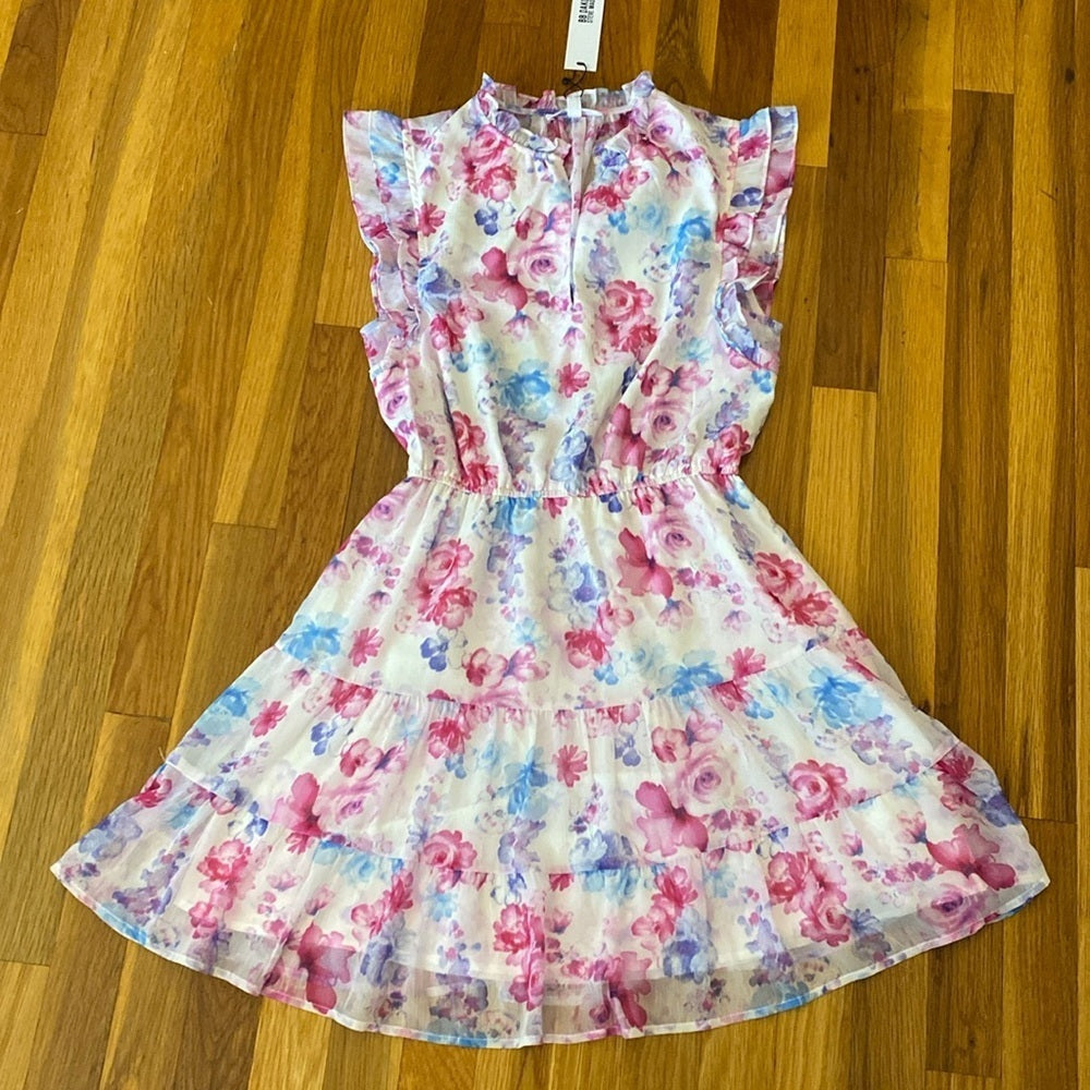 NWT BB Dakota Steve Madden Woman Pink & Blue Floral Printed Ruffle Dress Size S