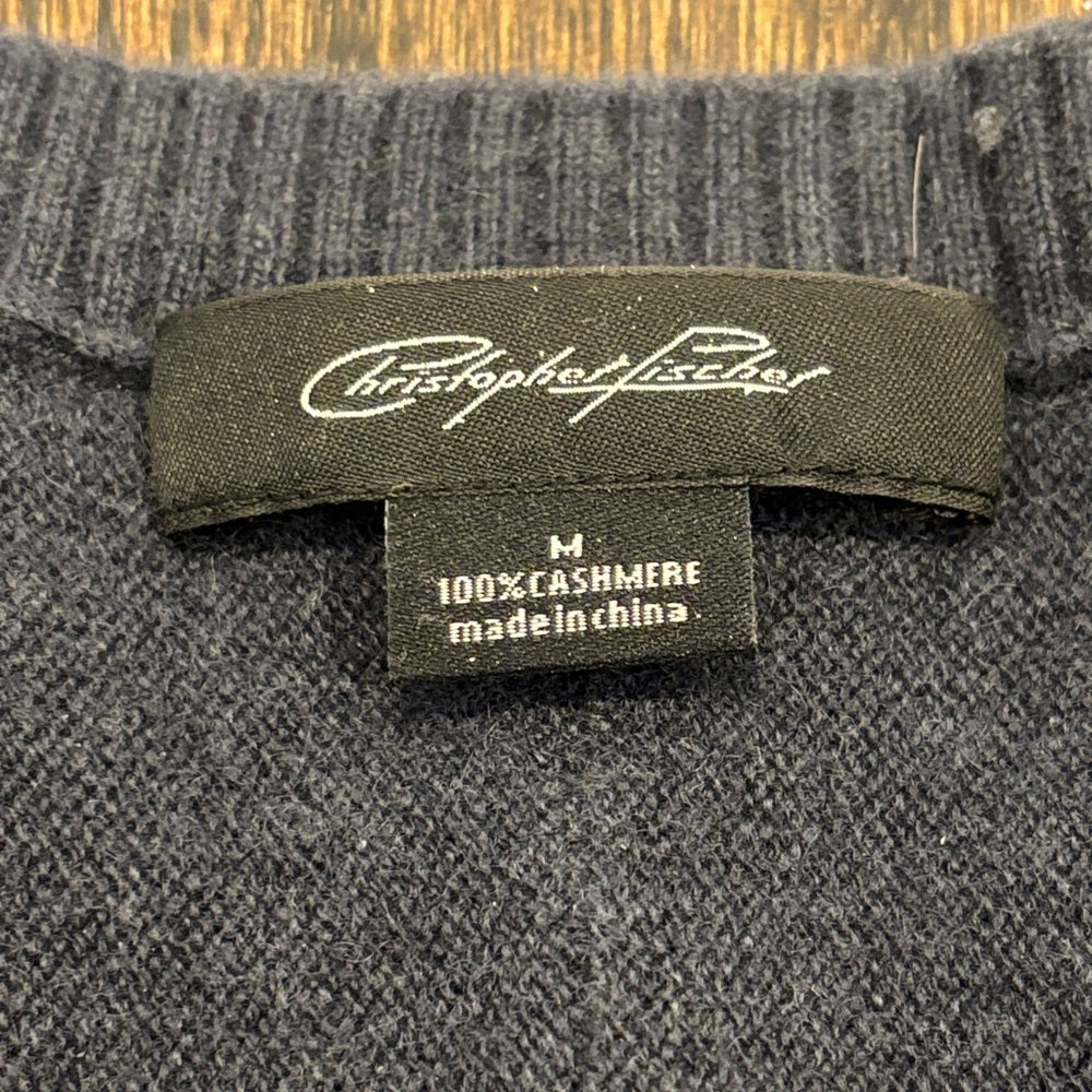 Christopher Fischer Men’s V-Neck Cashmere Sweater in Deep Blue Size Medium