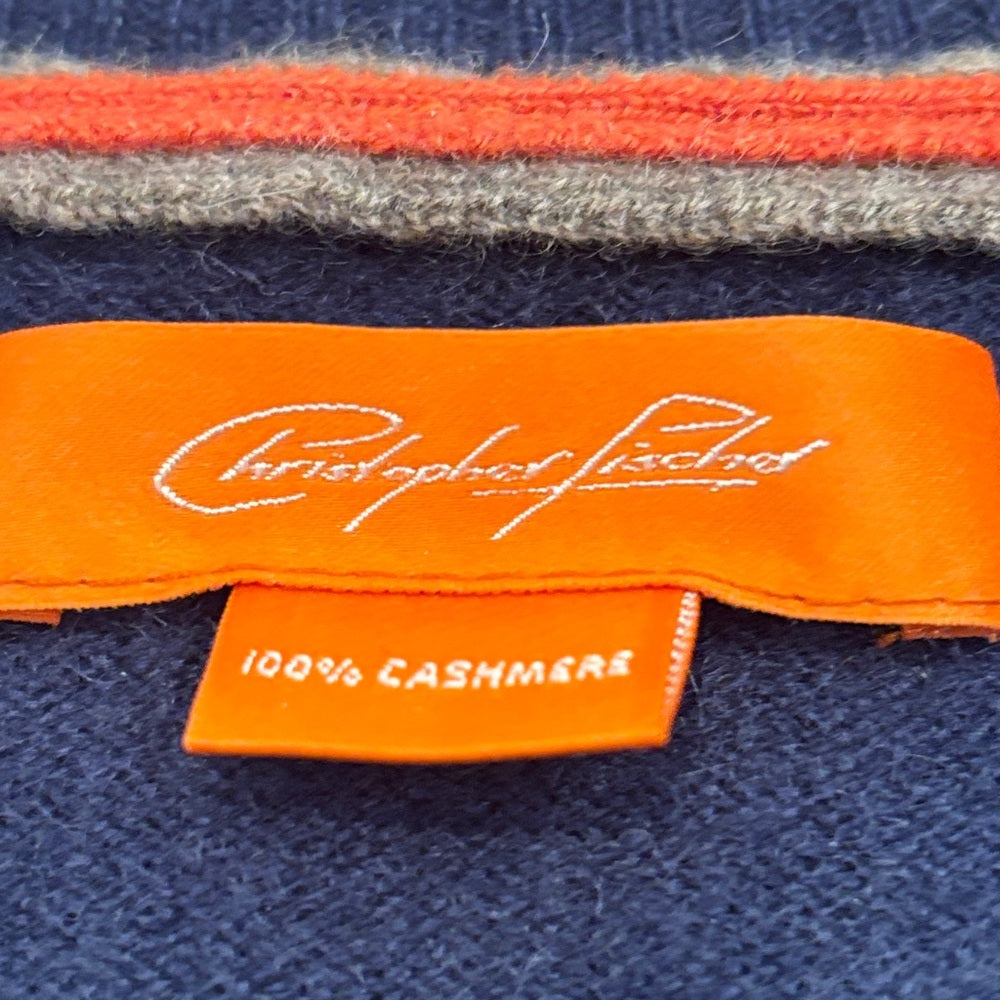 Christopher Fischer Men's Cashmere Navy Argyle V-Neck Sweater Size Medium
