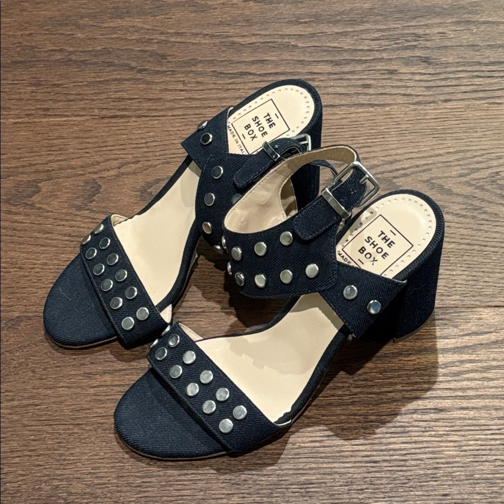 The Shoe Box Black Denim Studded Block Heel Sandals Size 39/9