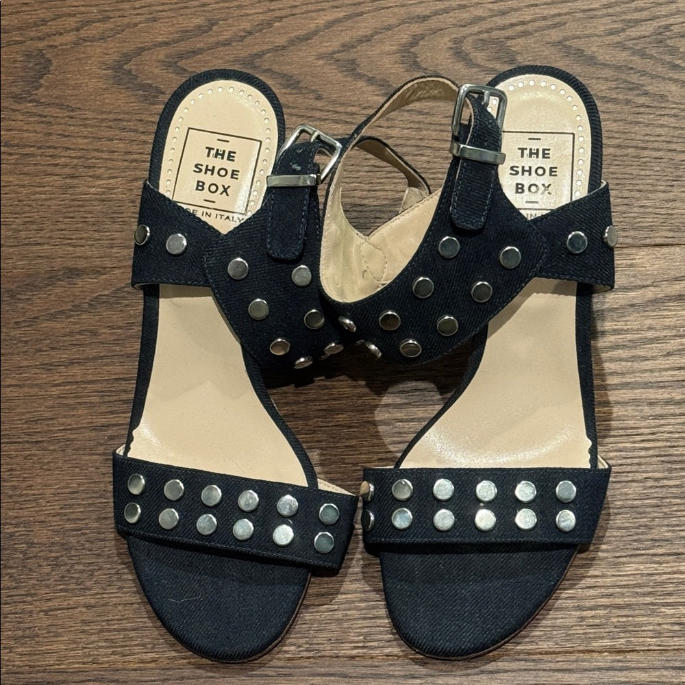 The Shoe Box Black Denim Studded Block Heel Sandals Size 39/9