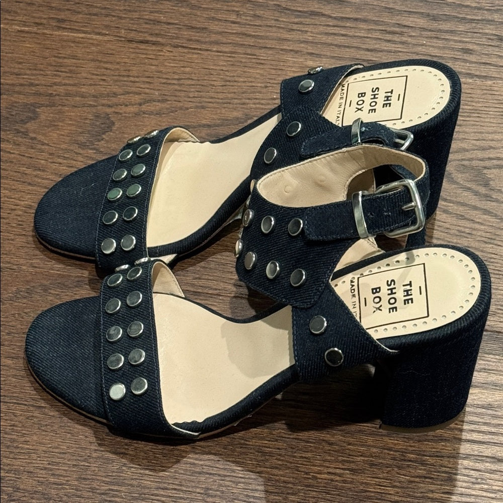 The Shoe Box Black Denim Studded Block Heel Sandals Size 39/9