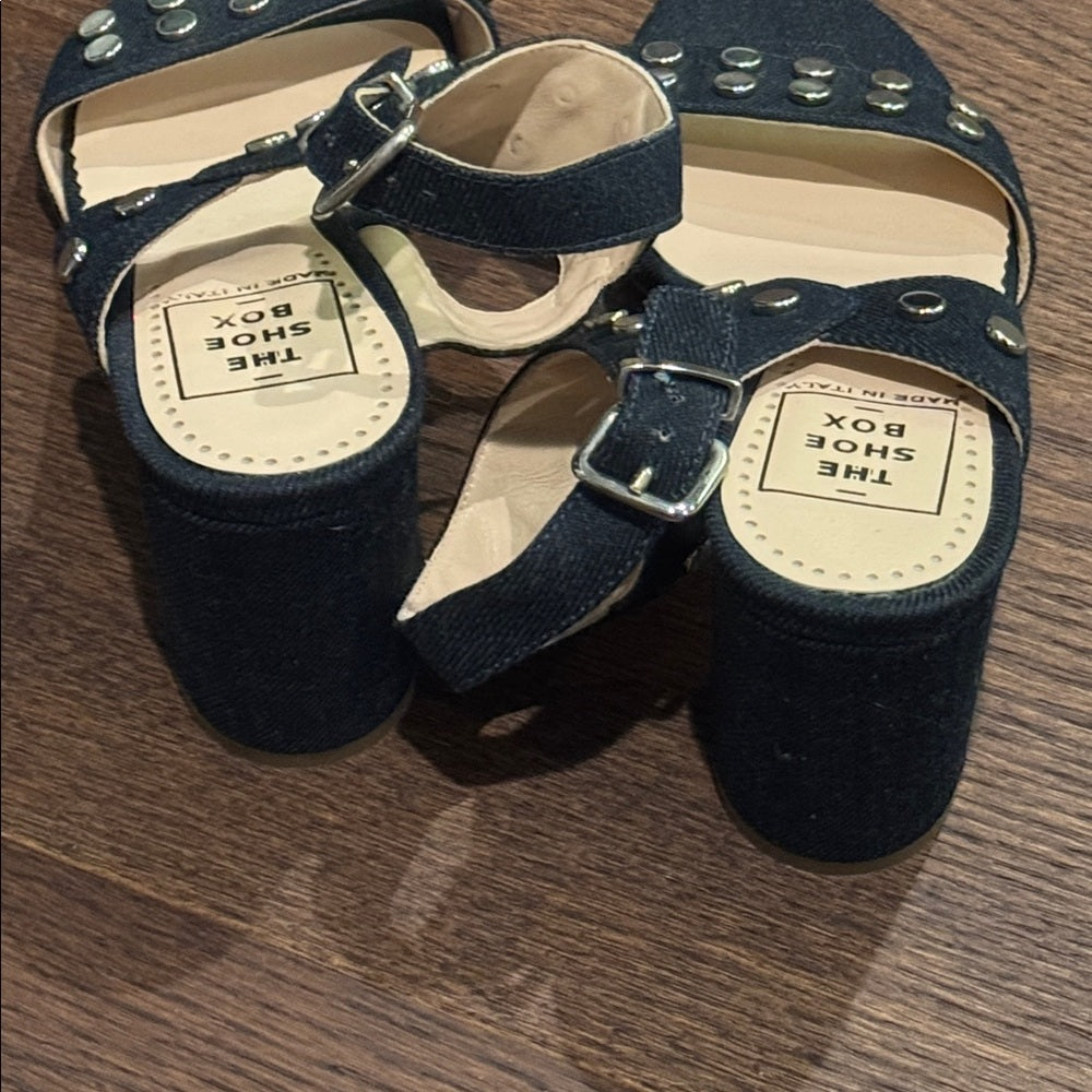 The Shoe Box Black Denim Studded Block Heel Sandals Size 39/9