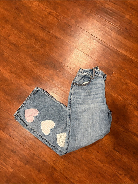 Abercrombie Girls Light Blue Women's Heart Patch Straight-Leg Jeans Size 13/14