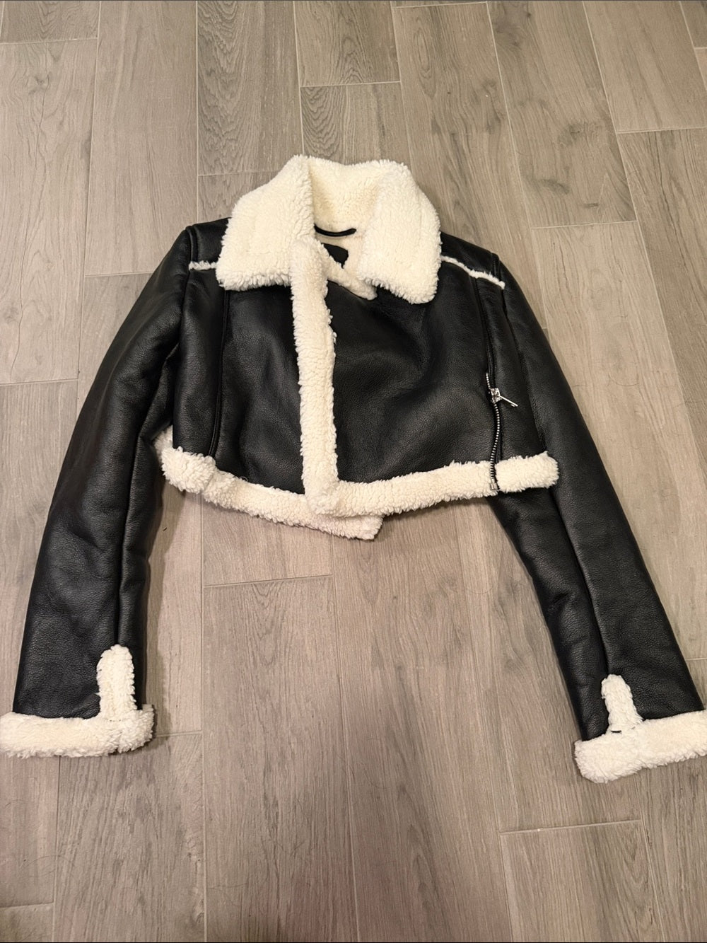 Fashion Nova Women’s Black Faux Leather Cropped Jacket - White Trim Size S