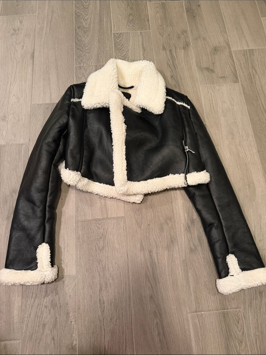 Fashion Nova Women’s Black Faux Leather Cropped Jacket - White Trim Size S