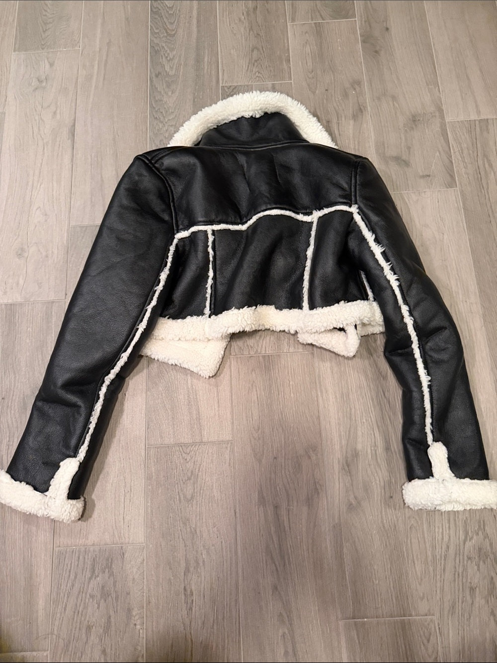 Fashion Nova Women’s Black Faux Leather Cropped Jacket - White Trim Size S