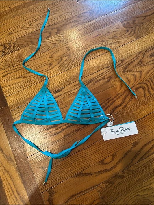 NWT Beach Bunny Bright Teal Ladder-Strip Triangle Bikini Top Small