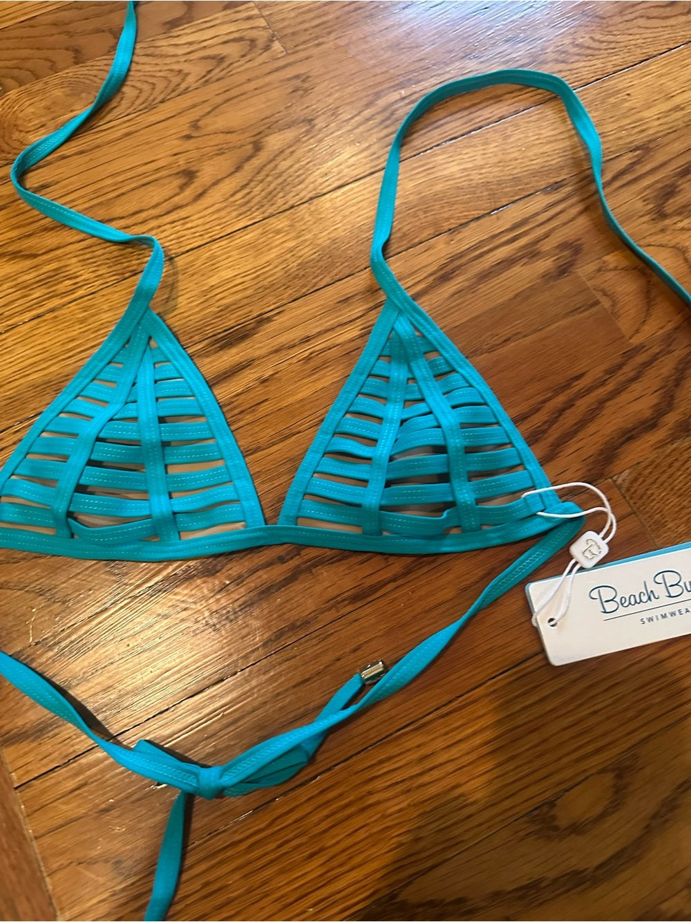 NWT Beach Bunny Bright Teal Ladder-Strip Triangle Bikini Top Small