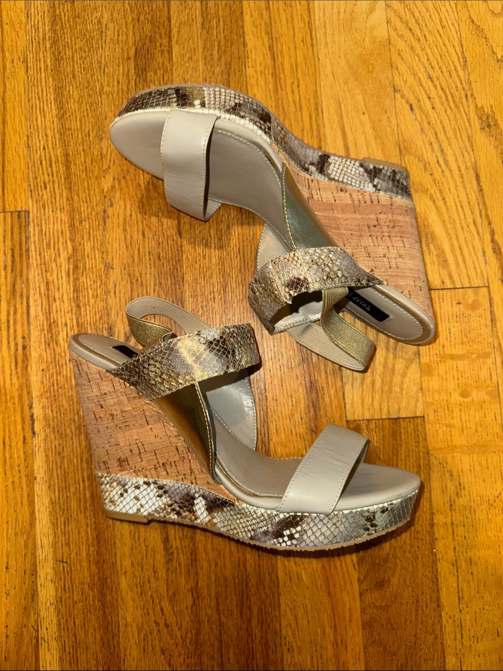 White House Black Market Women’s Wedge Sandals with Snake-Print Details Size 8.5