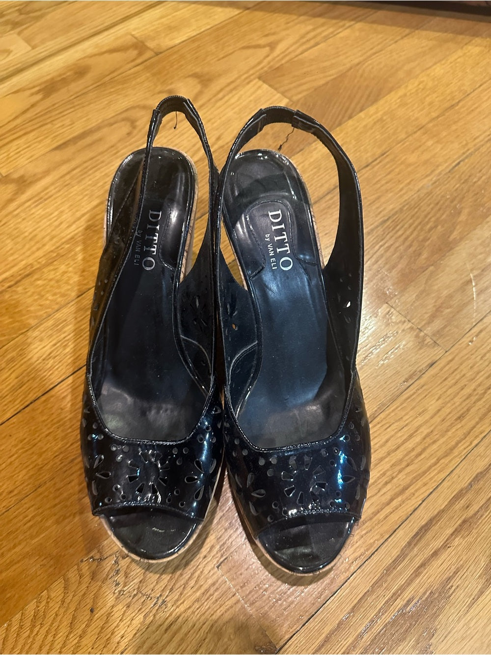 Ditto Van Eli Black Cork Wedge Slingback Sandals Size 10
