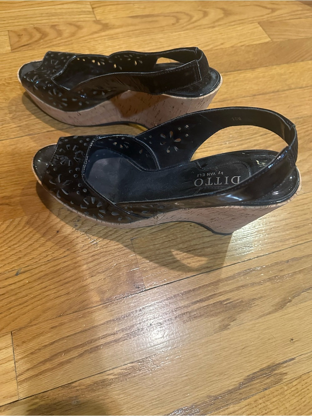 Ditto Van Eli Black Cork Wedge Slingback Sandals Size 10