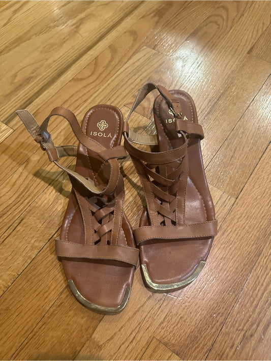 Isola Tan Leather Braided Sandals with Gold Toe Trim Size 10