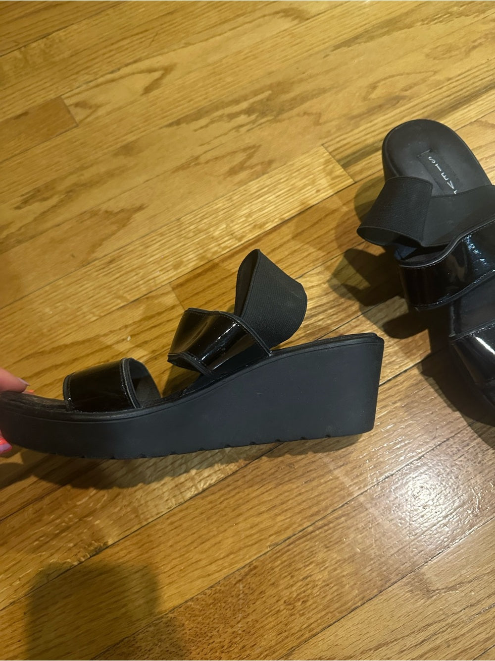 Steve Madden Black Patent Slide Wedge Sandals