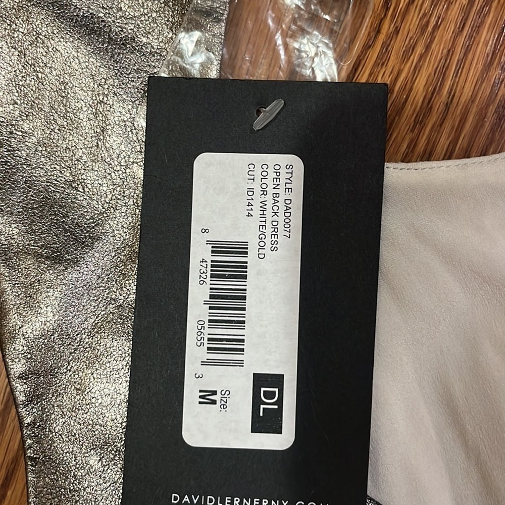 NWT David Lerner Woman’s White/Gold Open Back Dress Size M