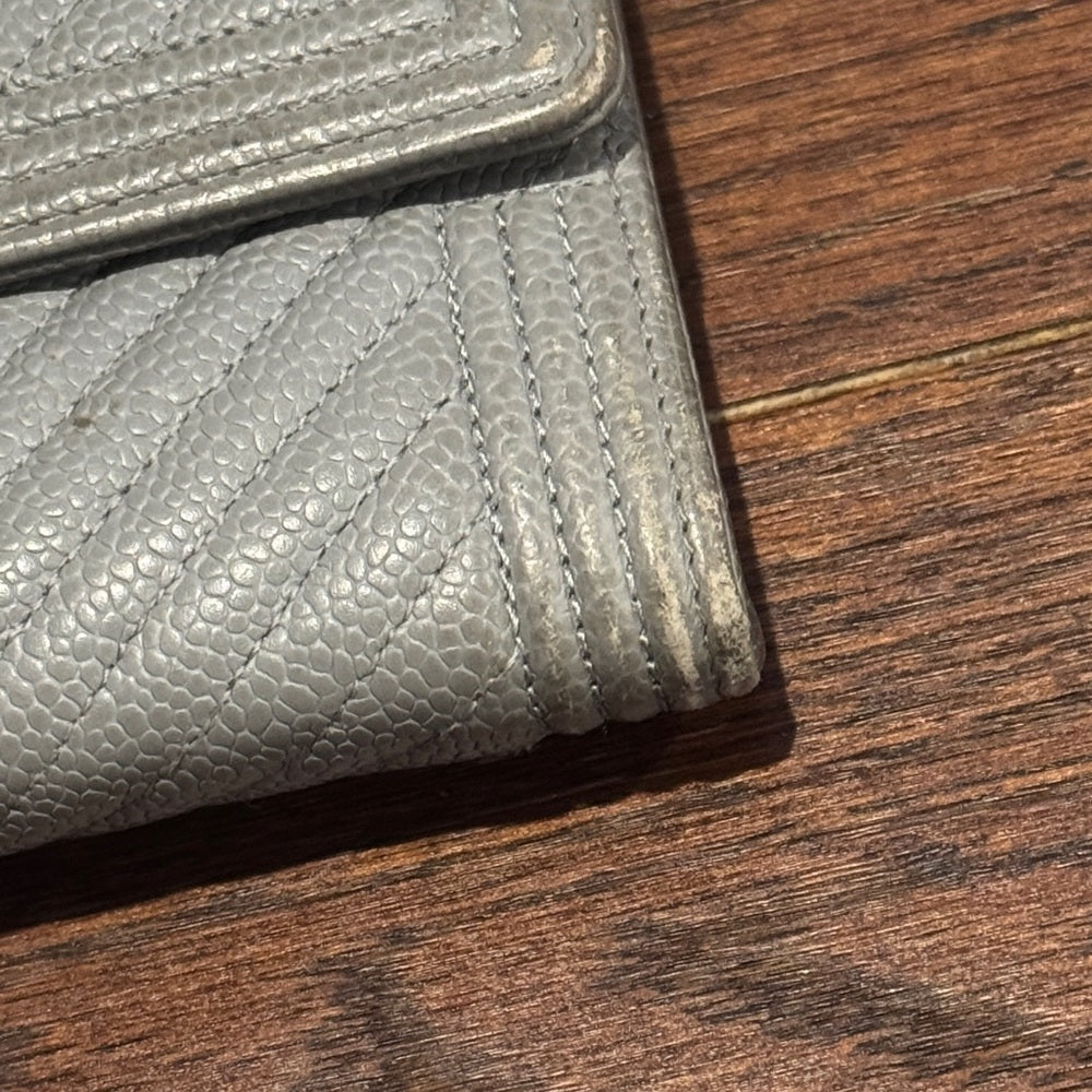 CHANEL Silver Chevron Boy L Gusset Flap Wallet