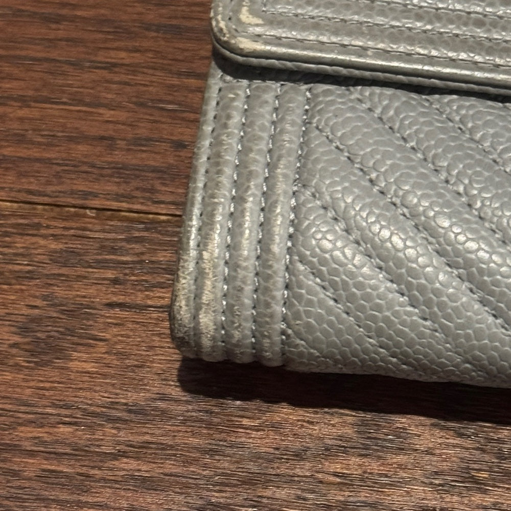 CHANEL Silver Chevron Boy L Gusset Flap Wallet
