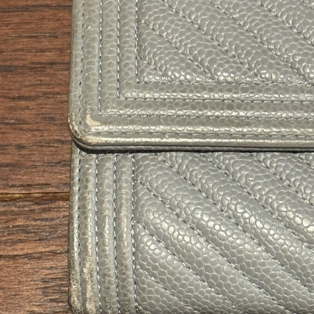 CHANEL Silver Chevron Boy L Gusset Flap Wallet