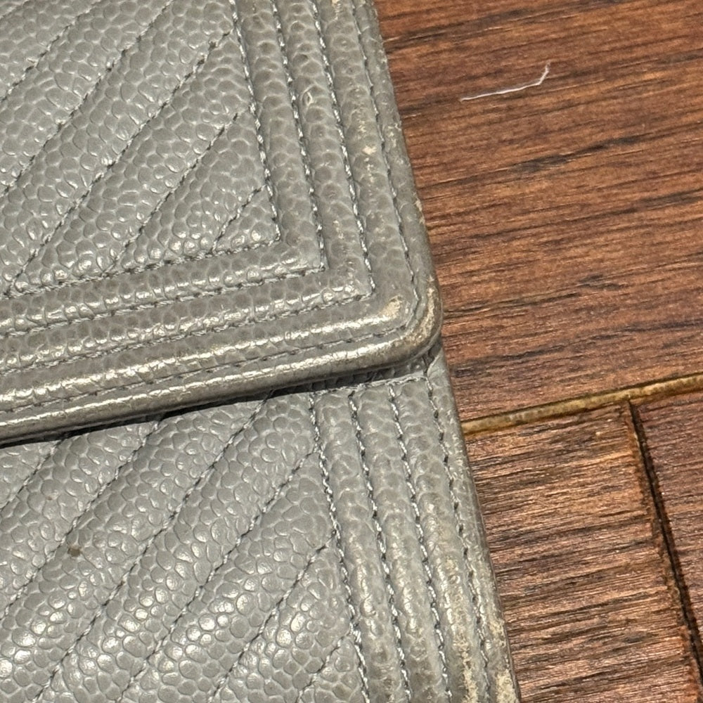 CHANEL Silver Chevron Boy L Gusset Flap Wallet