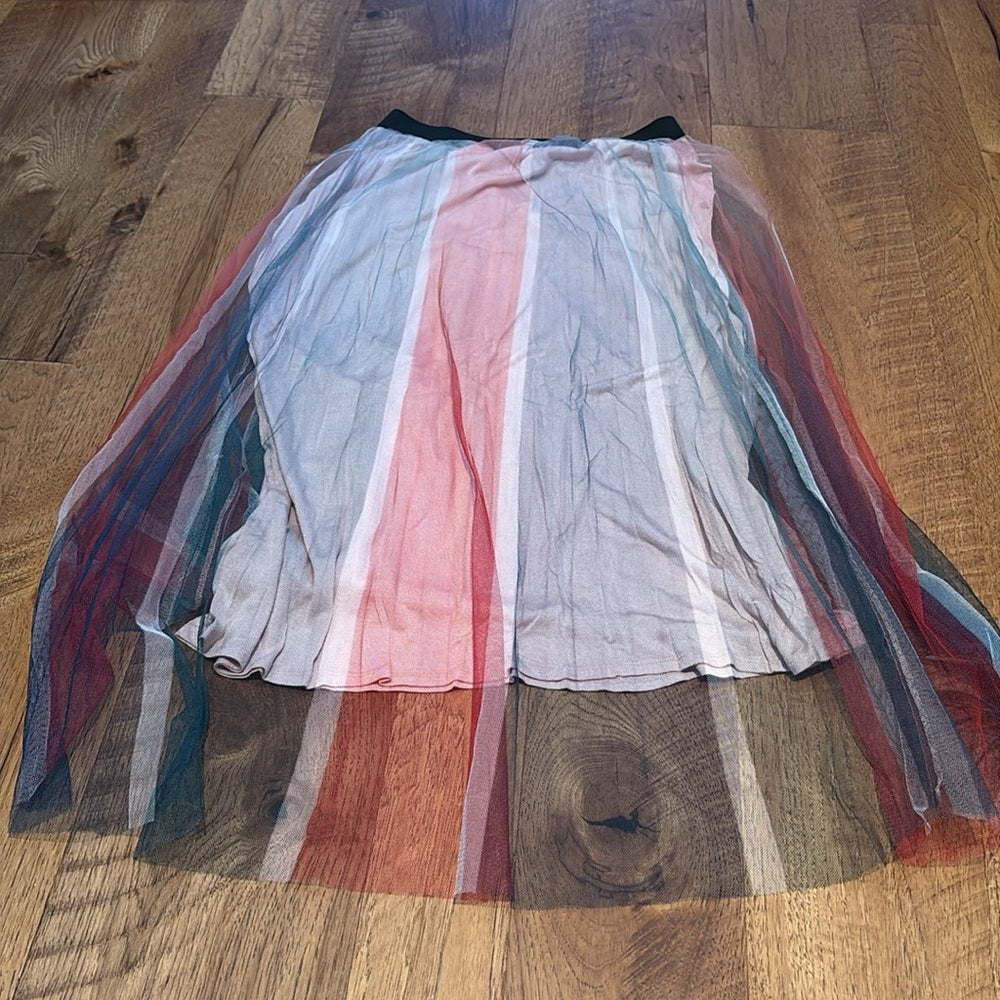 Maje Woman’s Striped Sheer Mesh Lined Midi Skirt Size 1/Small