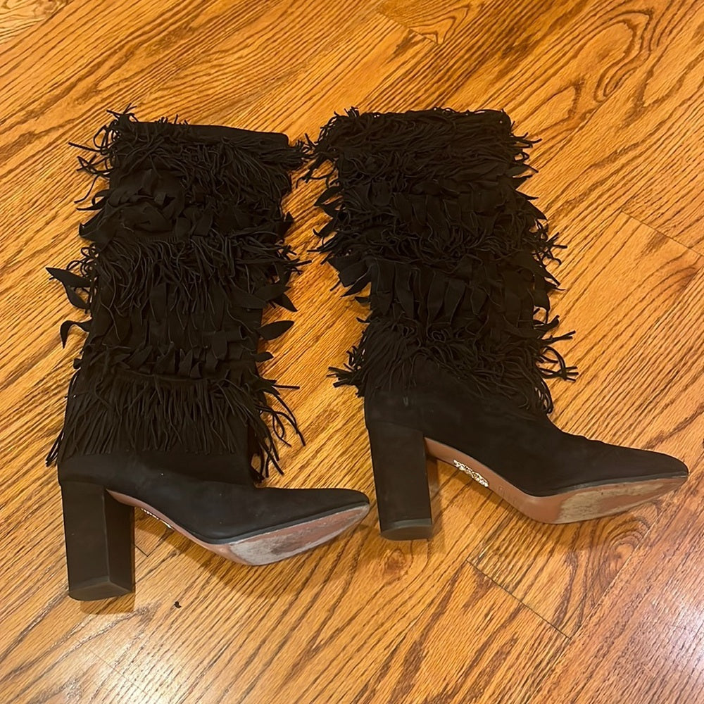 Aquazzura Woman’s Black Fringe Heeled Boots Size 41/11