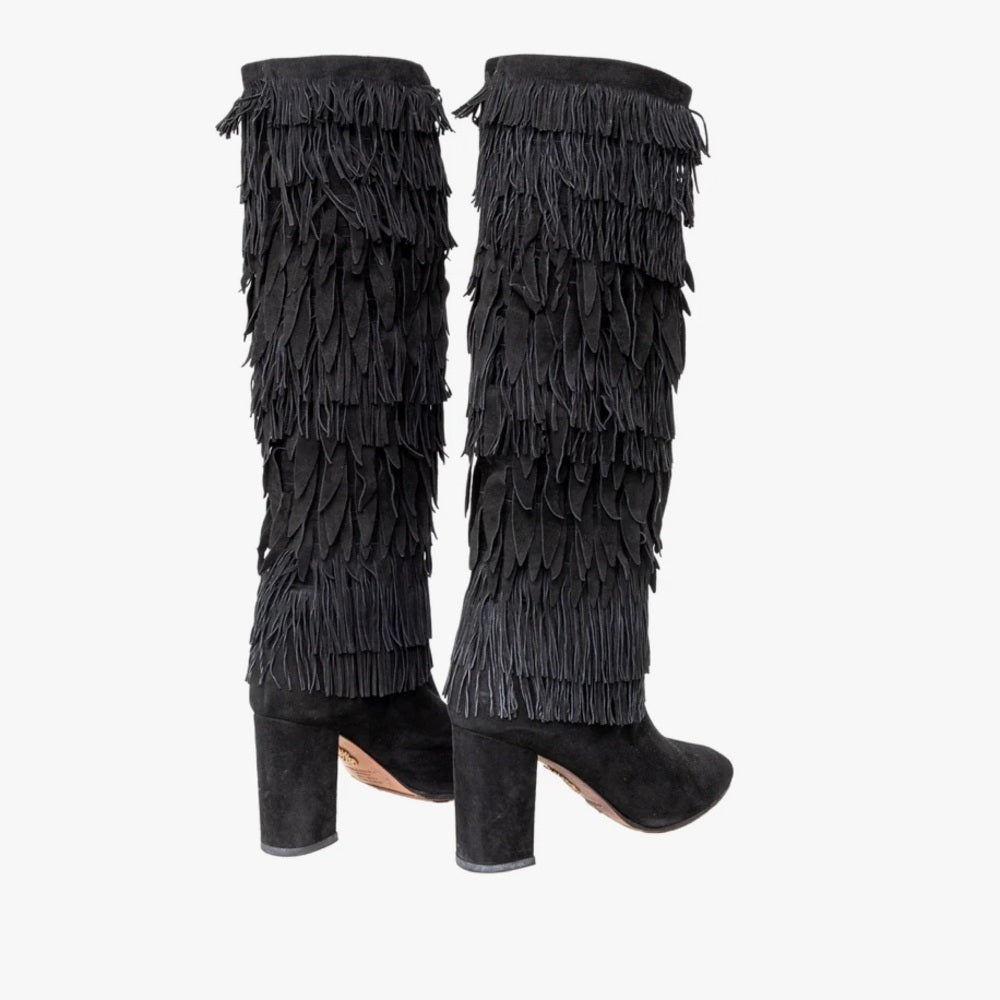Aquazzura Woman’s Black Fringe Heeled Boots Size 41/11