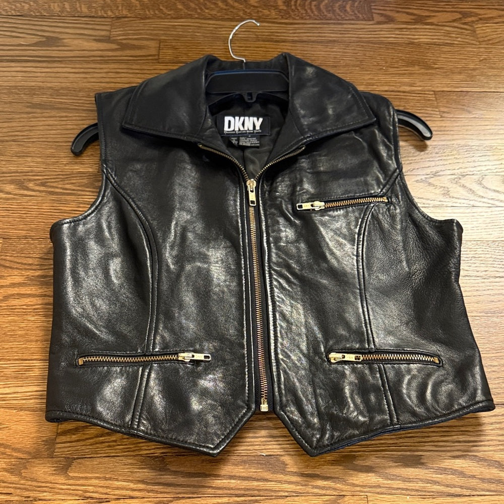 DKNY Black Leather Vest with Gold Accents Size 4