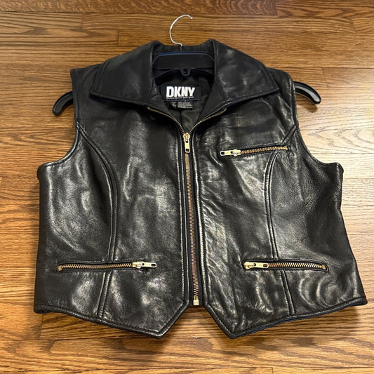 DKNY Black Leather Vest with Gold Accents Size 4