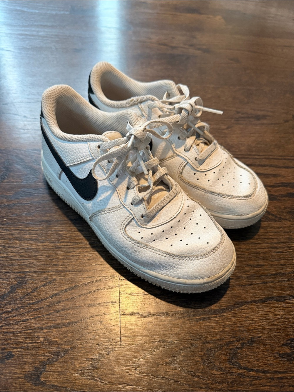 Nike Kids Air Force One White Leather Sneakers with Black Swoosh Accent Size 3Y