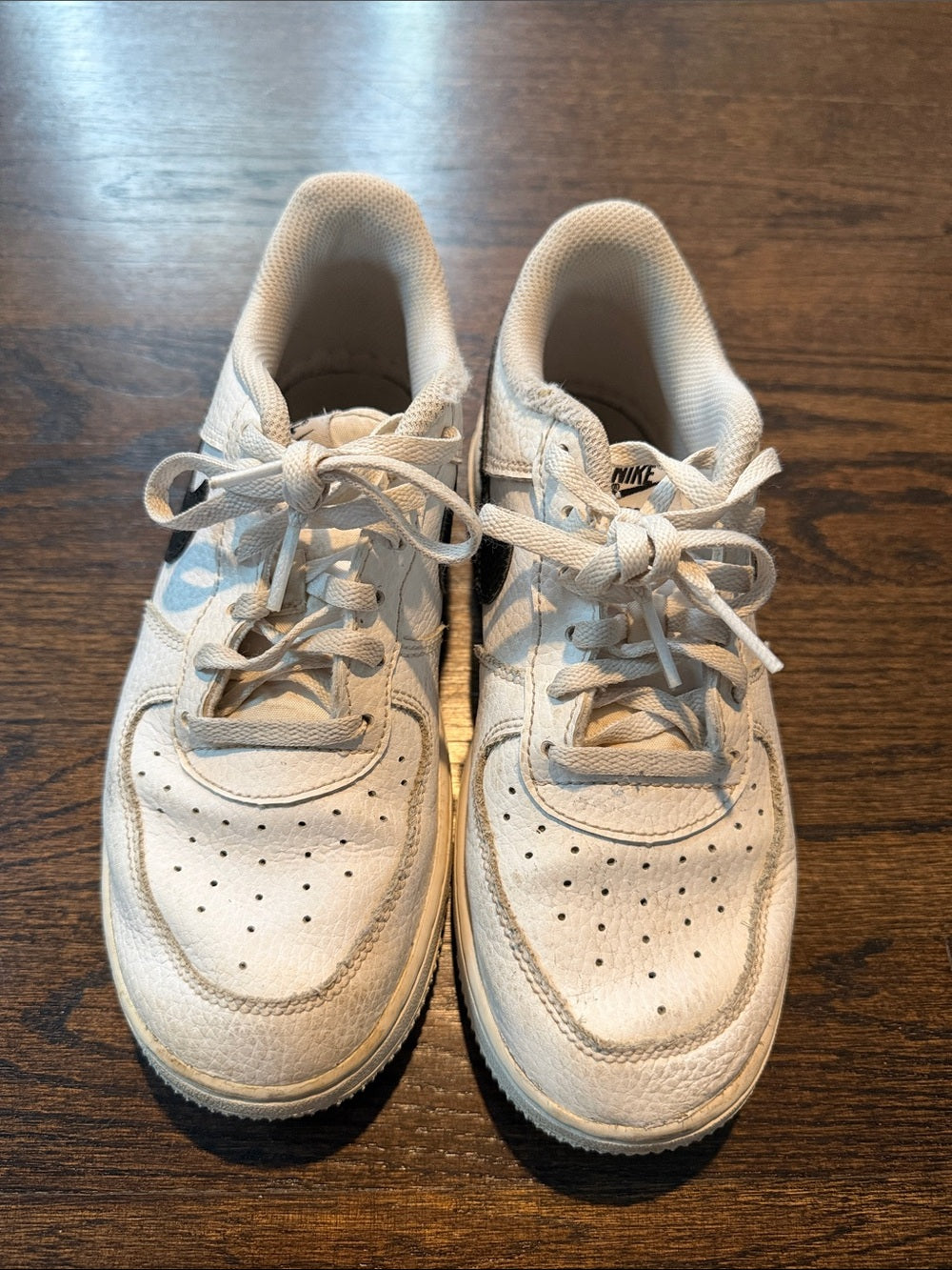 Nike Kids Air Force One White Leather Sneakers with Black Swoosh Accent Size 3Y
