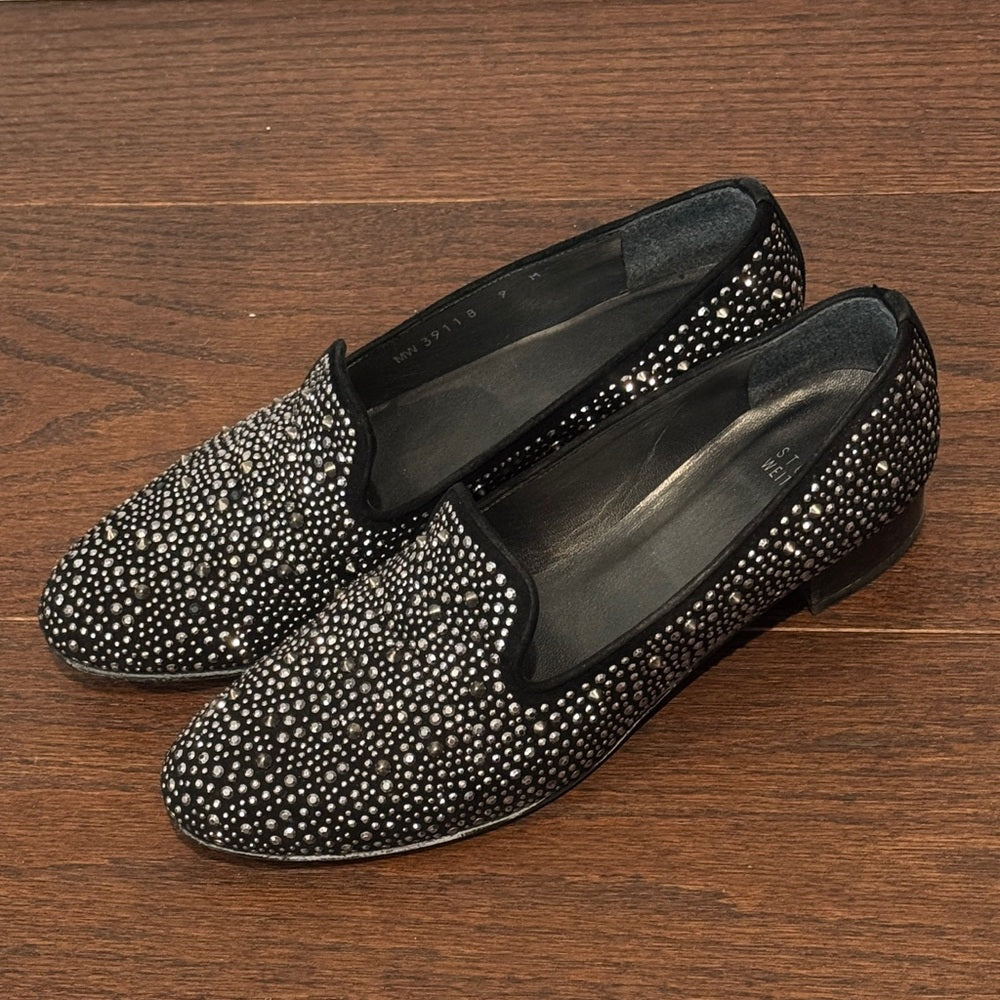 Stuart Weitzman Women’s Studded Black Suede Slip-On Loafers with Crystals Size 9