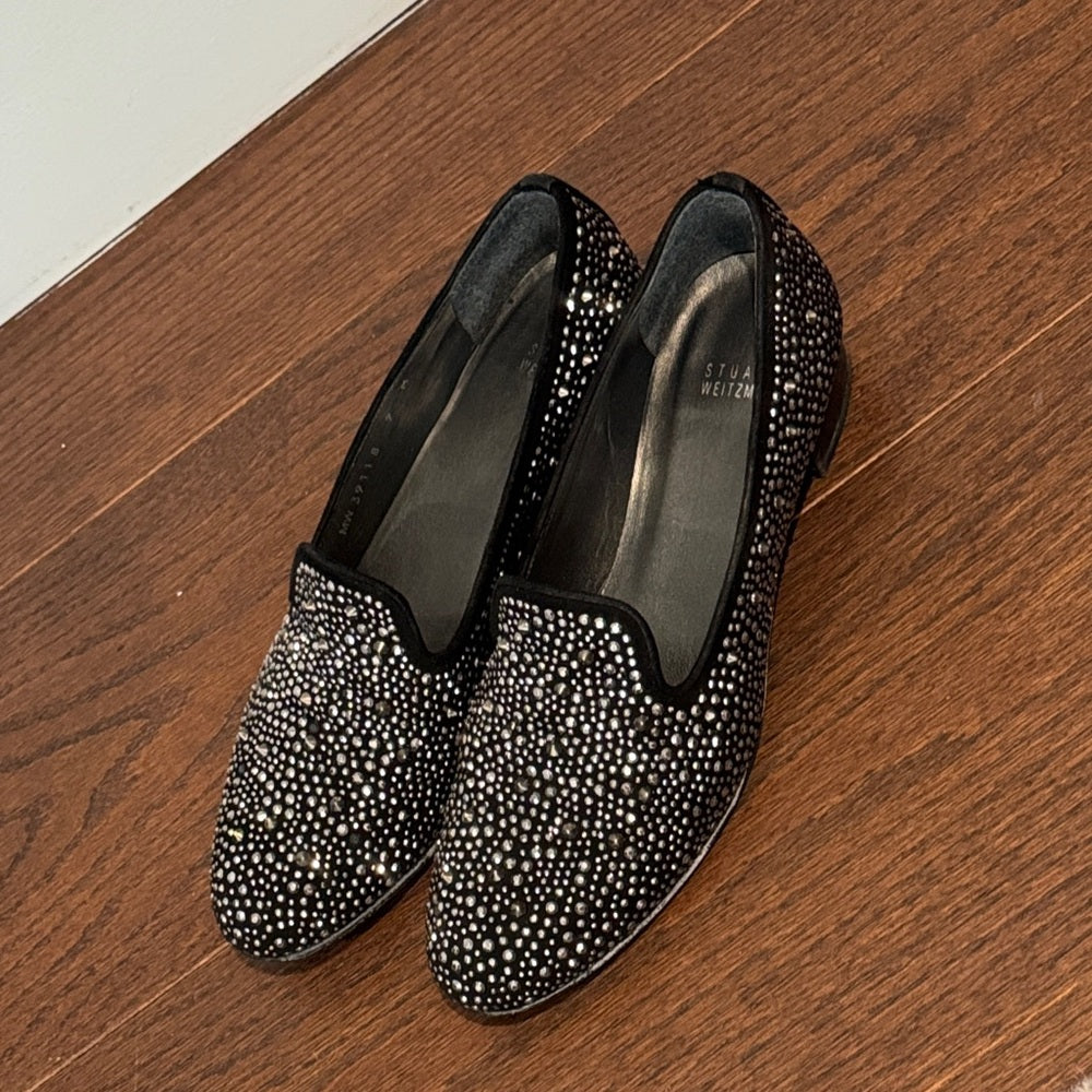 Stuart Weitzman Women’s Studded Black Suede Slip-On Loafers with Crystals Size 9