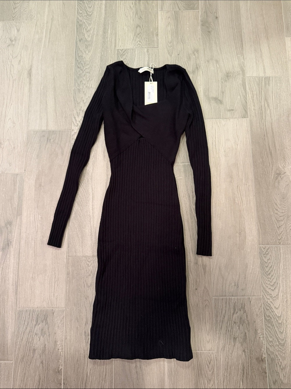 NWT Ramy Brook Women’s Black Ribbed Long-Sleeve Midi Dress Size XS