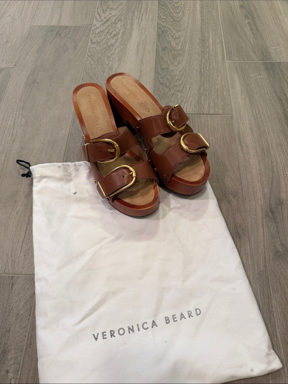 Veronica Beard Brown Leather Slide Sandals with Gold Buckles And Heels Size 7