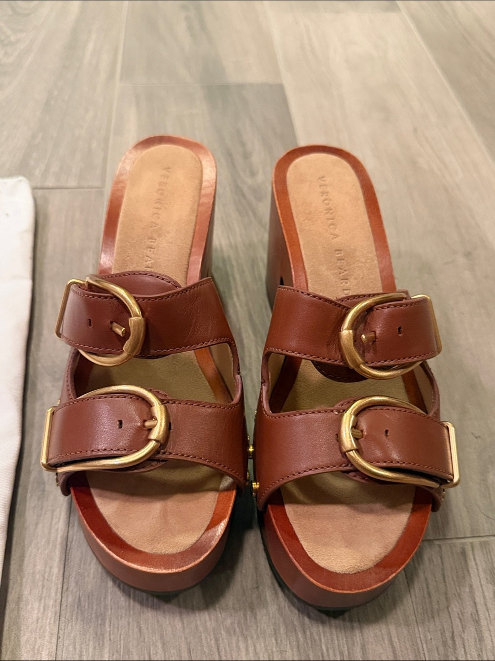 Veronica Beard Brown Leather Slide Sandals with Gold Buckles And Heels Size 7