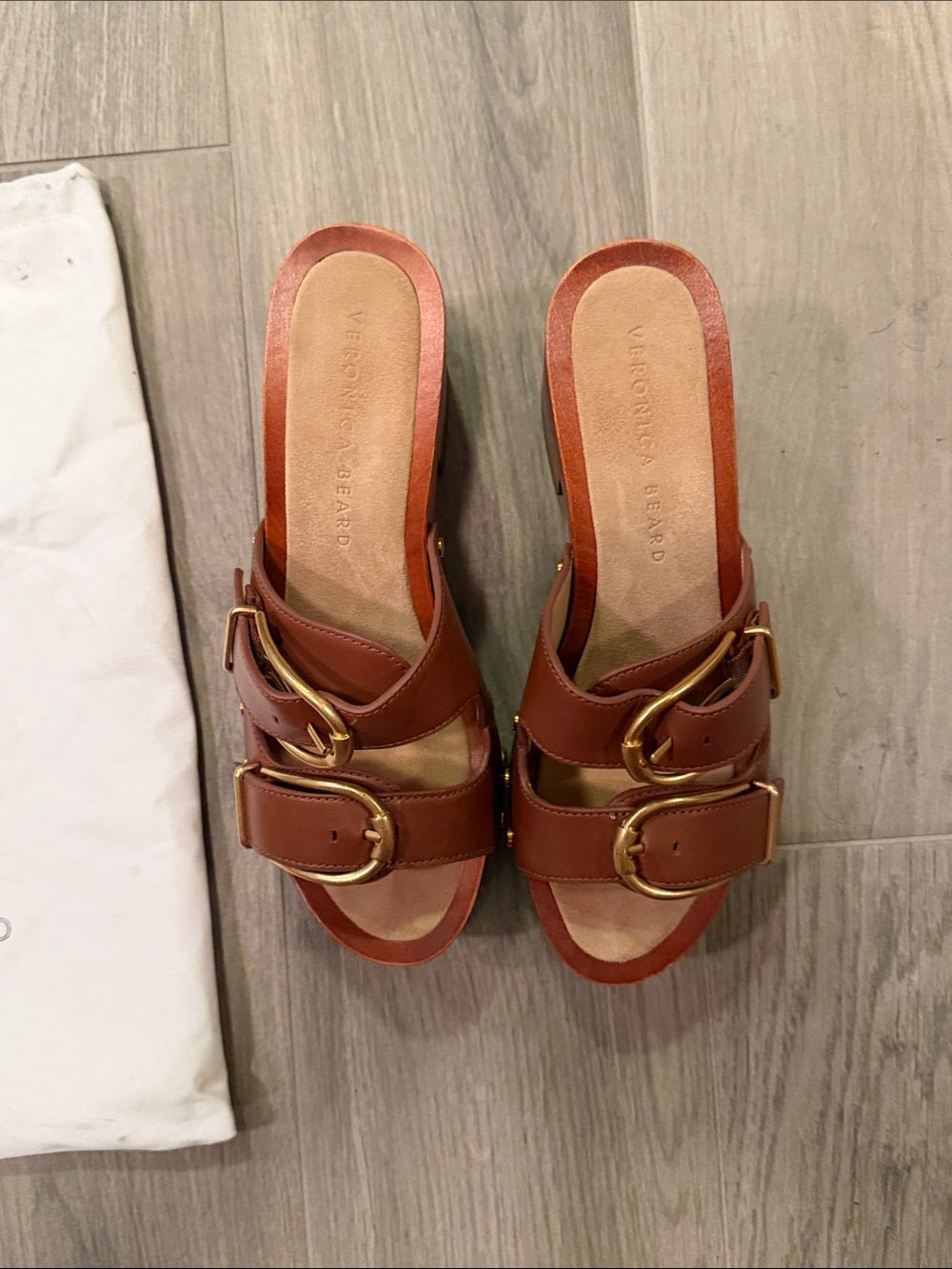 Veronica Beard Brown Leather Slide Sandals with Gold Buckles And Heels Size 7