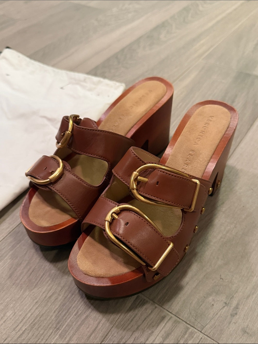 Veronica Beard Brown Leather Slide Sandals with Gold Buckles And Heels Size 7