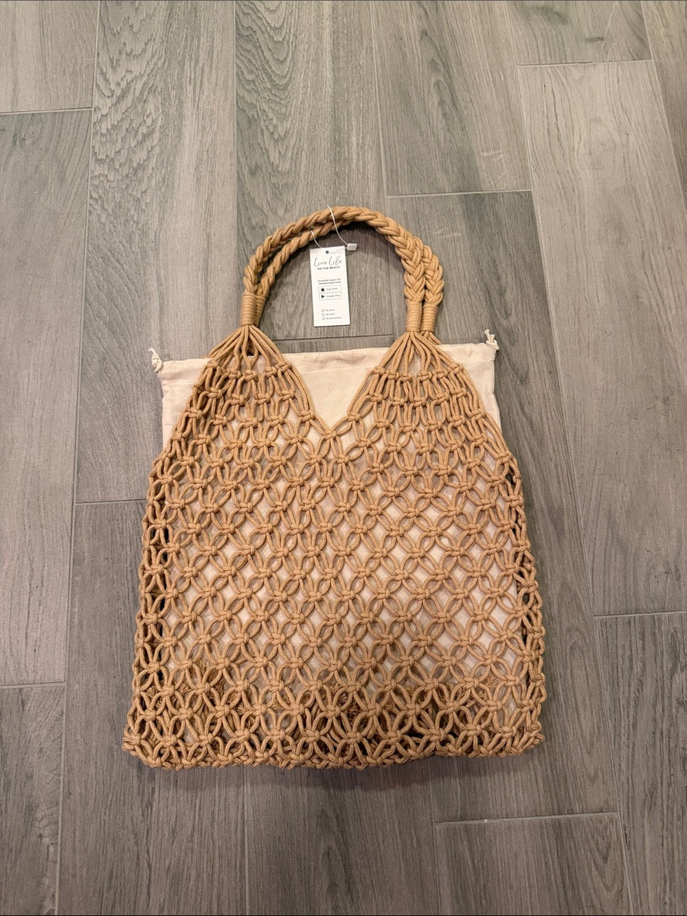 NWT Cupshe Woven Macramé Tote Bag in Tan with Inner Canvas Pouch