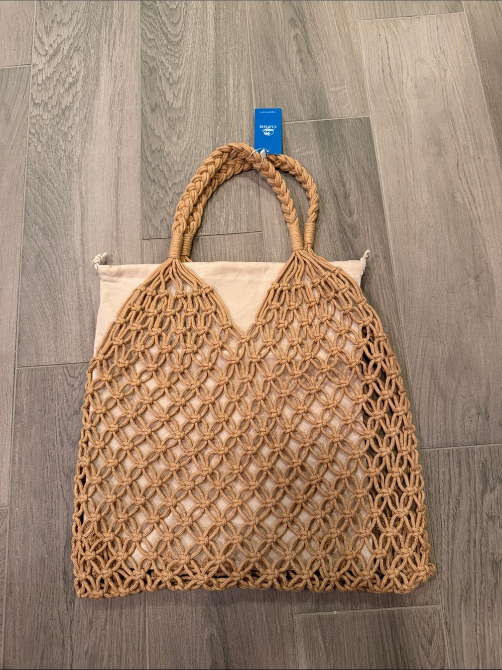 NWT Cupshe Woven Macramé Tote Bag in Tan with Inner Canvas Pouch